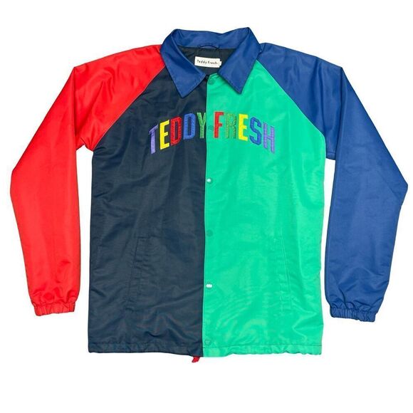Teddy Fresh Color Block Jacket Size S Blue Green Red Snap Spellout Street Bear - Picture 1 of 8